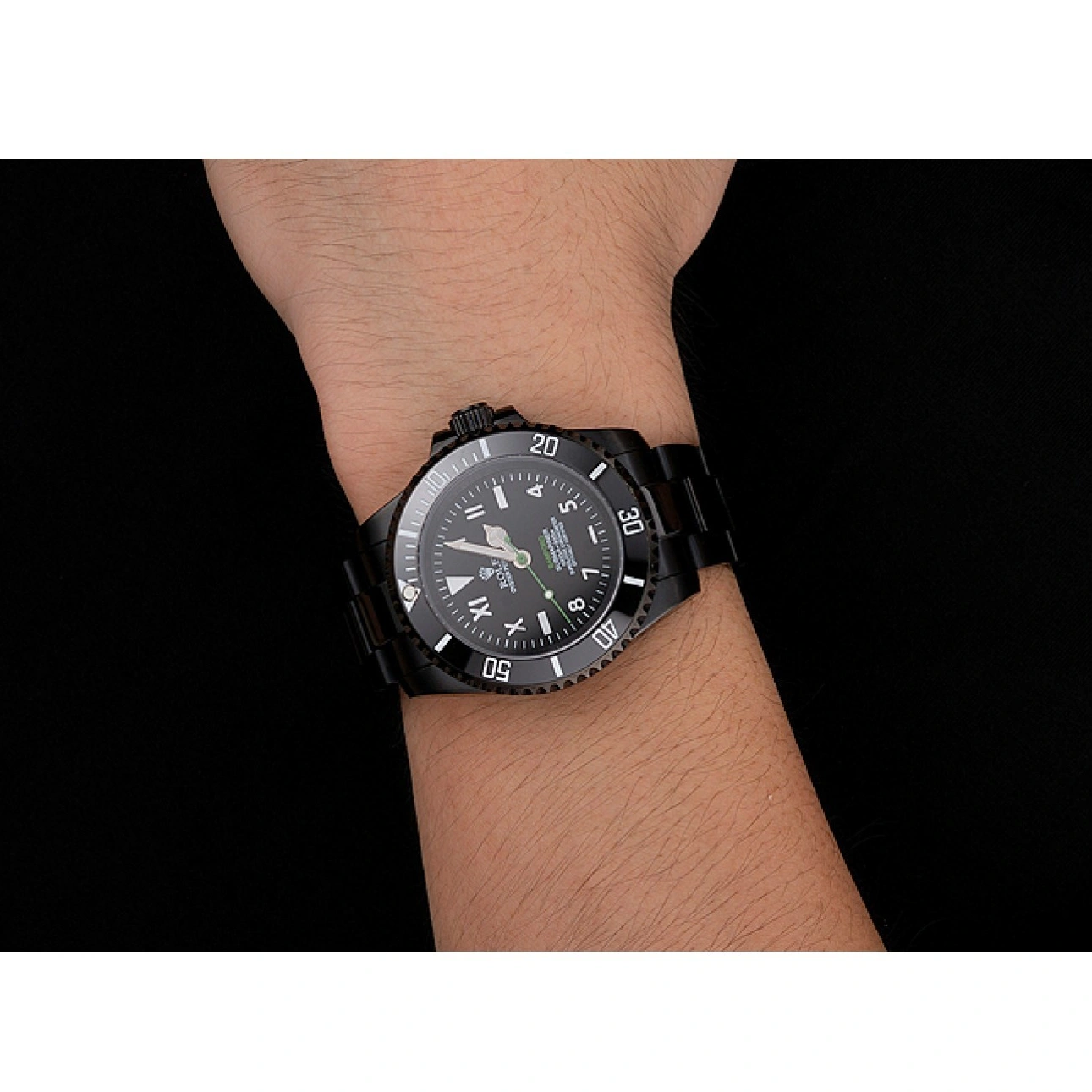 MiroTime 1025 Rolex Bamford Submariner Black Dial Roman Numerals Black Ionized Case And Bracelet